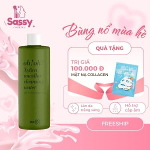 Sản phẩm nước tẩy trang oh!oh! Xylica Micellar Cleansing Water 500ml màu xanh ngọc, thiết kế hiện đại, chứa 1% Cica Complex và Xylitol, phù hợp cho da nhạy cảm.