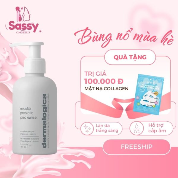 Chai Dermalogica Micellar Prebiotic Precleanse màu trắng, dung tích 150ml, có vòi nhấn, thiết kế tối giản.