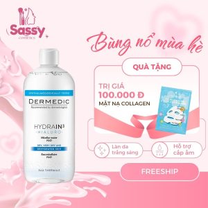Chai nước tẩy trang Dermedic Hydrain3 Hialuro 400ml dành cho da khô và mất nước, thiết kế trong suốt, nắp bật.
