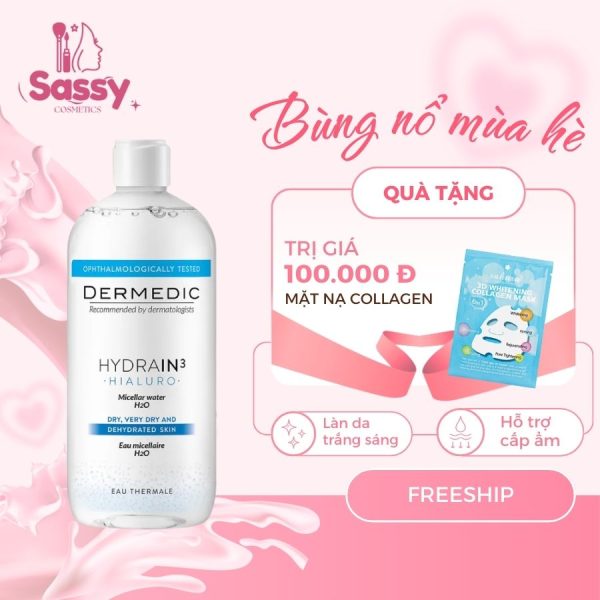 Chai nước tẩy trang Dermedic Hydrain3 Hialuro 400ml dành cho da khô và mất nước, thiết kế trong suốt, nắp bật.